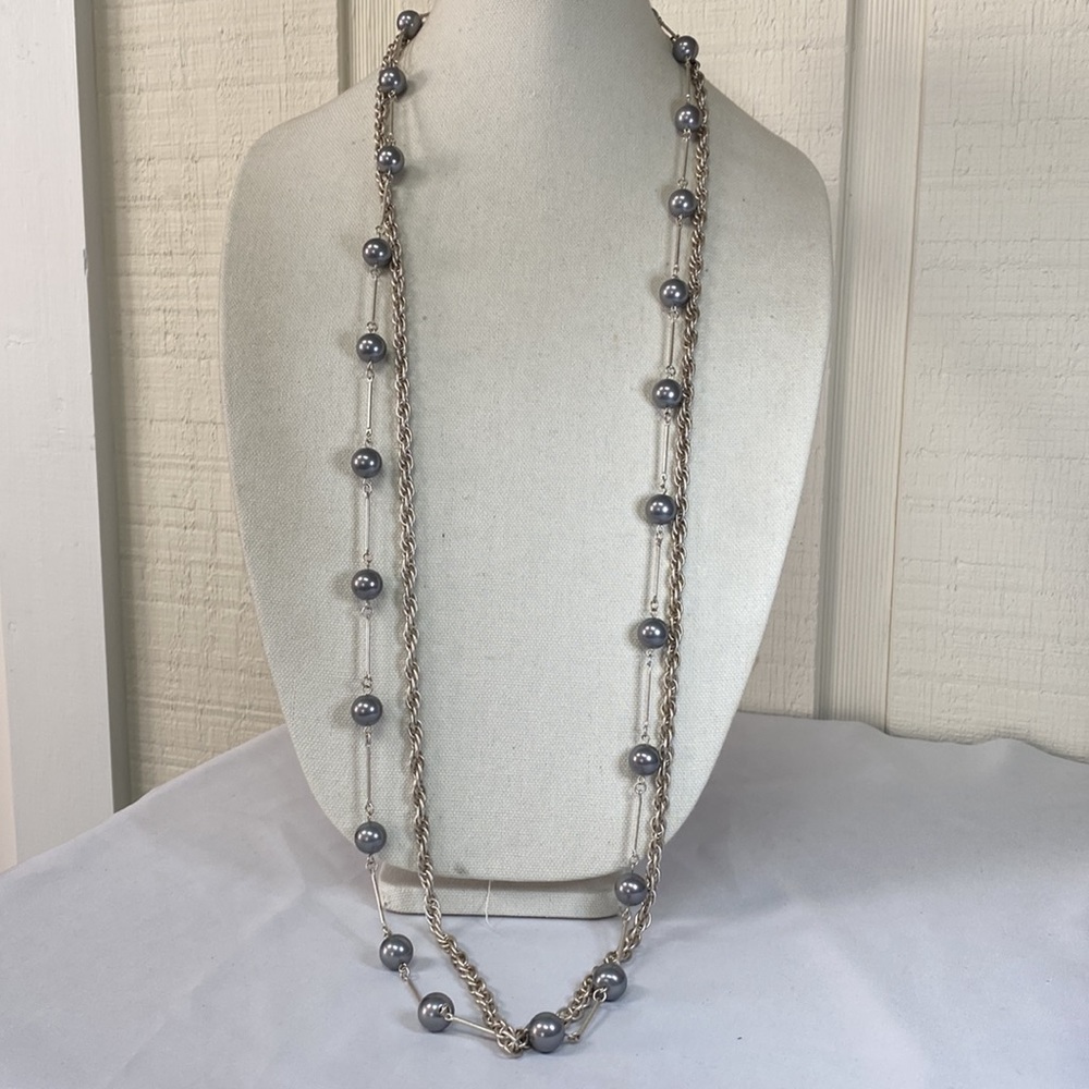 Long double silvertone chain and gray pearl bead necklace